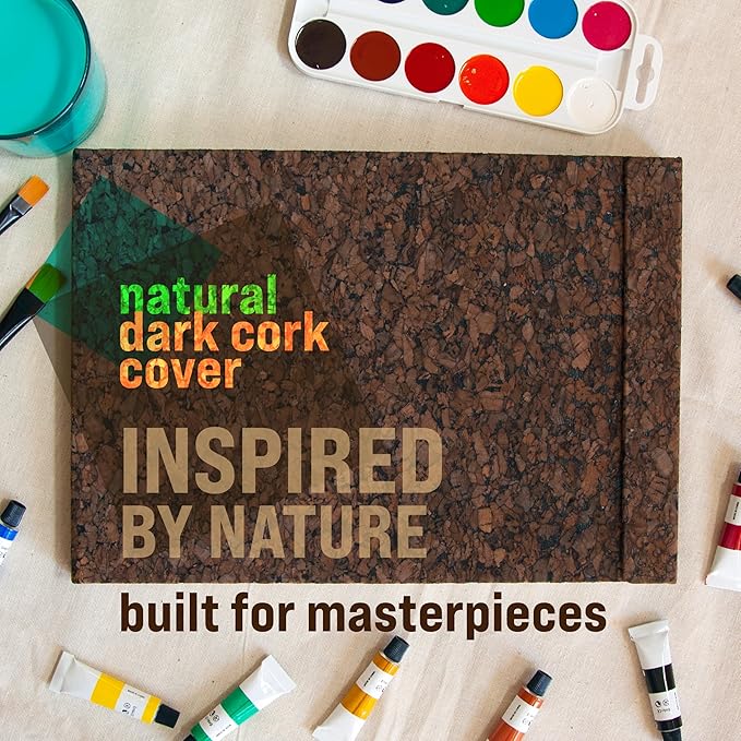 Cork Watercolor Pad Hardcover - 100% Cotton Paper 200GSM Cold Press - Magnetic Closure Watercolor Sketchbook, 40 Tear-Off Sheets, Lay-Flat - Artist Watercolor Paper Pad (Dark Cork, 9x12 inch (A4))