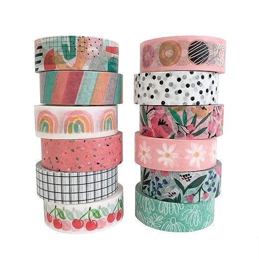 Washi Tape Set of 12 Rolls of 15 mm Wide Cute Decorative Washi Tape for Journaling, Scrapbook, Washy Crafts, Bullet Journals, Planners, DIY Décor, Craft Supplies For Adults & Kids (Retro)