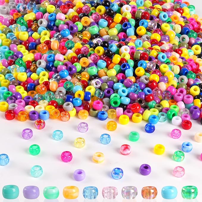 1000Pcs Pony Beads for Bracelets, Multi-Colored Plastic Pony Beads Bulk, 6×9mm Friendship Bead for Jewelry Making for DIY Hair Braiding Keychains Necklaces Crafts Party Supplies