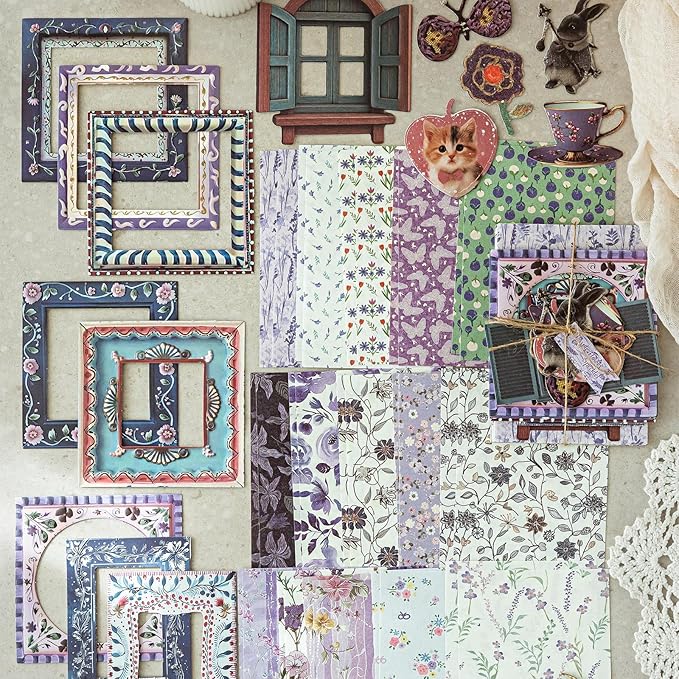 180 Pcs Floral Scrapbooking Paper & Animal Stickers, Embossed Scrapbook Window Frames, 4 Packs Junk Journal Scrapbooking Supplies Kit for Journaling, Embellishments, Card