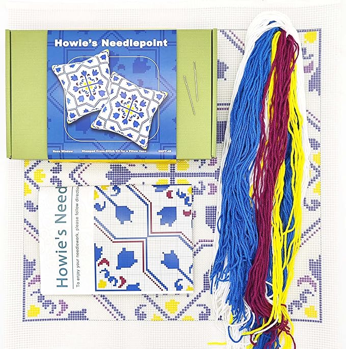Howie's Needlepoint Needlepoint Kits for Adults, Pillow Front Cross Stitch Kit with Embroidery Pattern on Canvas, Yarn, 2 Needles and Instruction, 16 x 16inch(Rose Window)