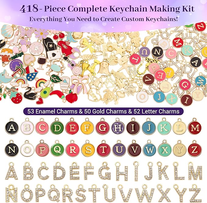 Koruhi 418PCS Keychain Making Kit for DIY Lip Gloss Keychains,Bag Charm Kit, Key Chain Making Kit with Hooks, Jump Rings, Gold Charms, Chains & Tools, Jewelry Making Kit, Gifts (418, Gold)