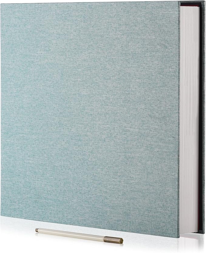 Large Photo Album Self Adhesive 4x6 8x10 10x12 13"x12.8" Magnetic Scrapbook Album 12.6"x11" Inch 60 Sticky Pages Linen Cover DIY Photo Album with A Metallic Pen and DIY Stickers(Green)
