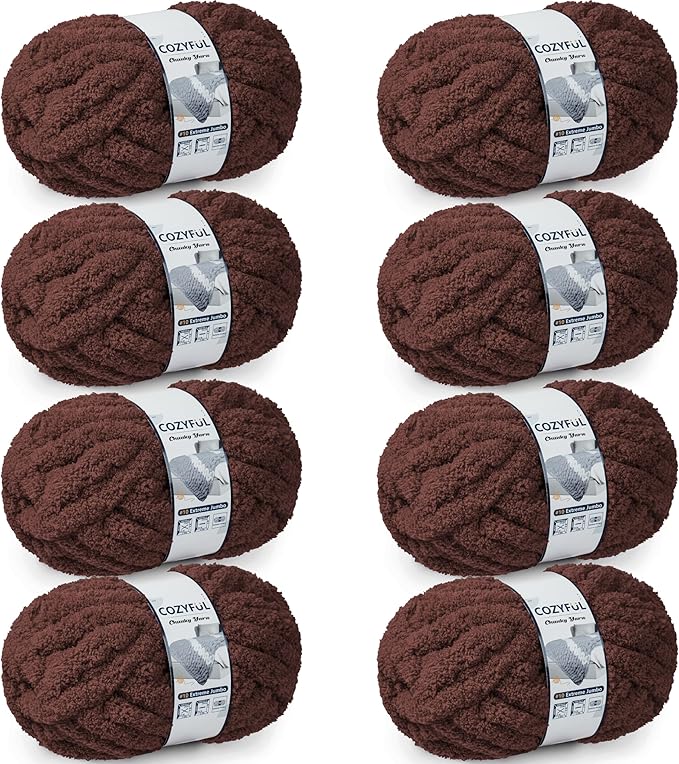 Chunky Yarn for Hand Knitting - #10 Chunky Chenille Yarn, Jumbo Big Thick Chunky Yarns for Crocheting, Super Bulky Chunky Knit Blanket Yarns, 8 Skein (25 yds 8 oz Each Skein), Dark Coffee