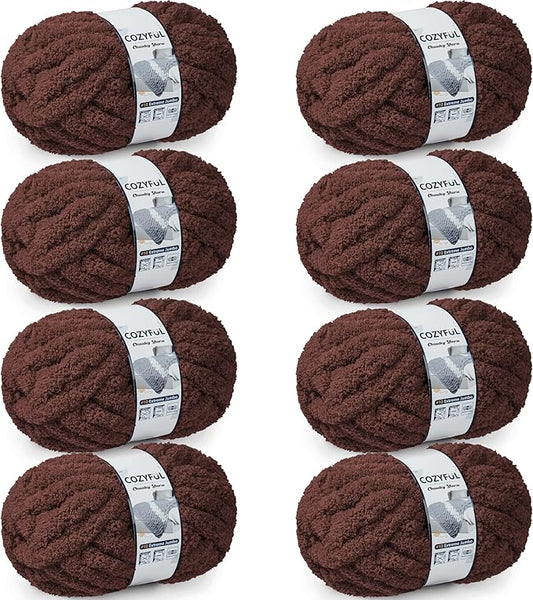 Chunky Yarn for Hand Knitting - #10 Chunky Chenille Yarn, Jumbo Big Thick Chunky Yarns for Crocheting, Super Bulky Chunky Knit Blanket Yarns, 8 Skein (25 yds 8 oz Each Skein), Dark Coffee