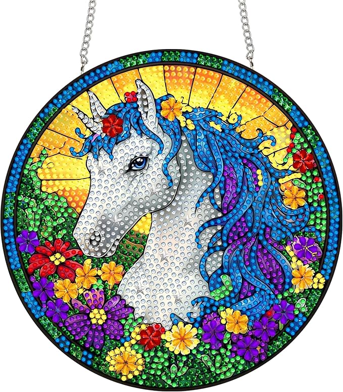 Bimkole Horse Diamond Art Hanging Kit for Adult, DIY 5D Diamond Art Flower Window Pendant, Acrylic Crystal Art Hanging Ornament Home Wall Garden Front Door Sign Outdoor Decor 7.8x7.8 Inch
