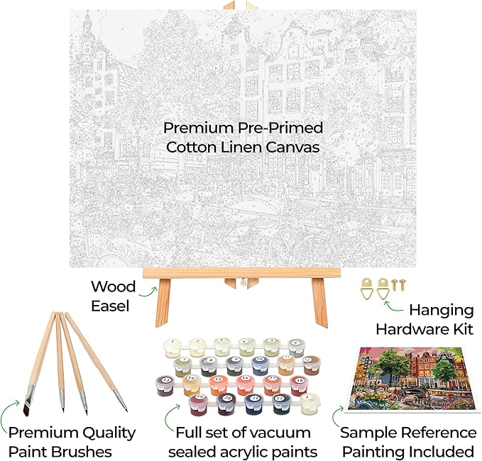 Ledgebay DIY Paint by Numbers Kit for Adults Framed Canvas Beginner to Advanced Paint by Numbers Kit Kits Include Acrylic Paint set Brushes&Tabletop Easel(Beautiful Sunset in Amsterdam 12"x16" Framed)