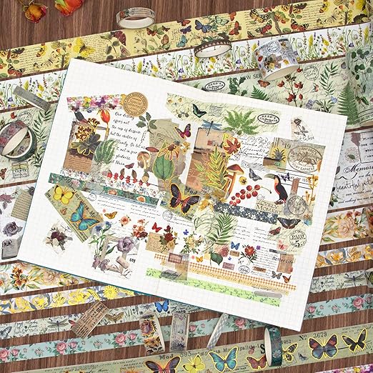 37 Rolls Vintage Washi Tape Set - Decorative Tape Floral Butterfly Mushroom Botanical,Adhesive Tape for Journaling Supplies,Scrapbooking,Junk Journal Supplies5/8/10/15/30/75mm Wide9.84ft Long/Roll