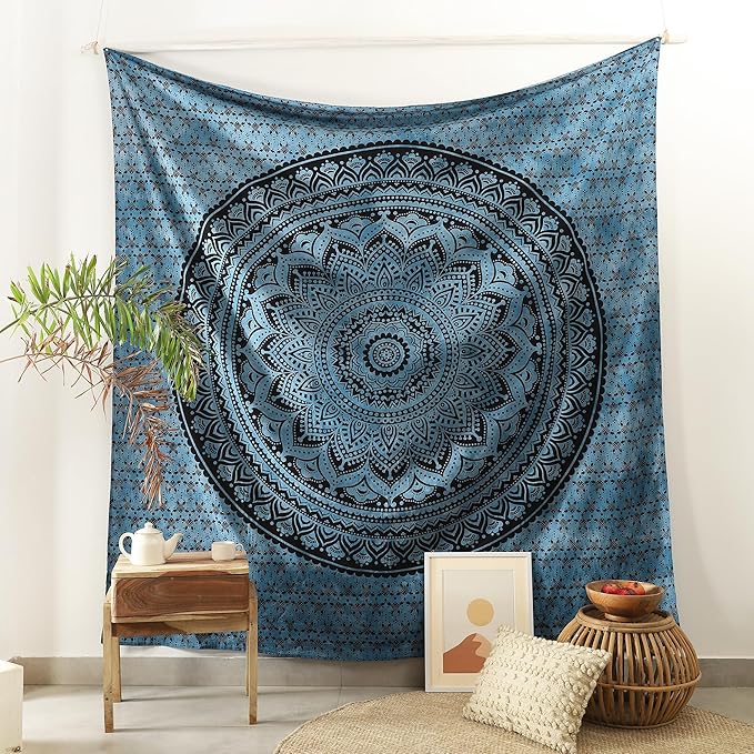 popular handicrafts queen mandala hippie tie dye psychedelic ombre tapestry wall hanging - indian maditation gypsy bohemian hippy dorm room decor blue 81x88 inch