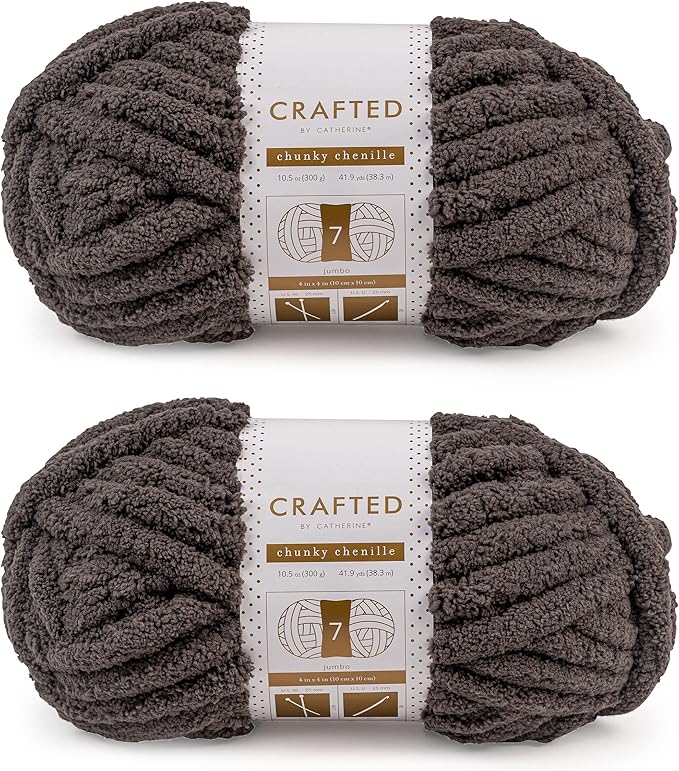 Crafted By Catherine Chunky Chenille Yarn - 2 Pack (41 Yards Each Skein), Charcoal, Gauge 7 Jumbo