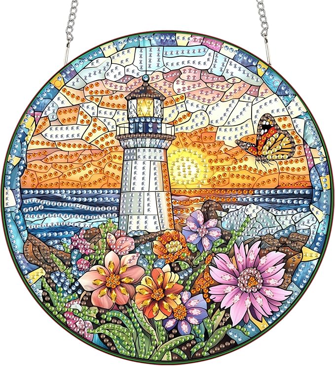 Bimkole Lighthouse Diamond Art Hanging Kit for Adult, DIY 5D Diamond Art Flower Window Pendant, Acrylic Crystal Art Hanging Ornament Home Wall Garden Front Door Sign Outdoor Decor 7.8x7.8 Inch