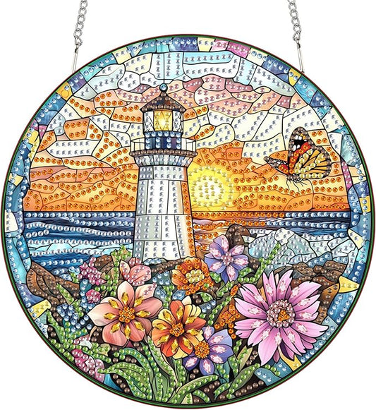 Bimkole Lighthouse Diamond Art Hanging Kit for Adult, DIY 5D Diamond Art Flower Window Pendant, Acrylic Crystal Art Hanging Ornament Home Wall Garden Front Door Sign Outdoor Decor 7.8x7.8 Inch