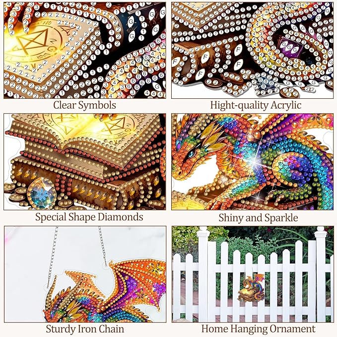 CEOVR Dragon Hanging Diamond Art for Adults, Dragon Book Diamond Painting Pendant DIY Gem Art Wall Hanging Ornament, Acrylic Home Garden Decor with Chain, Box Kit 7.87×7.63inch