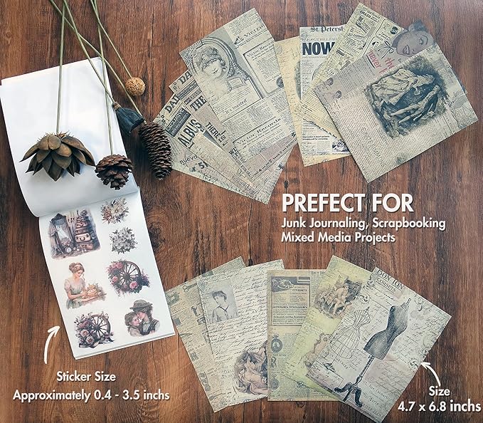 okupan vintage scrapbook stickers and ephemera pack – pre cut design scrapbooking supplies with 216 washi stickers & 30 papers for jounk journaling, planners, diy crafts, card making