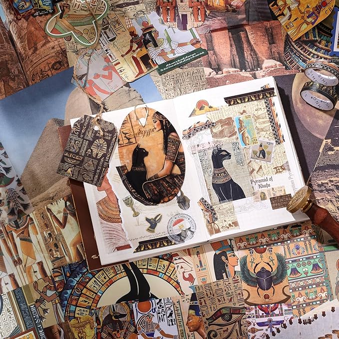 Scrapbooking Supplies Kit, Egyptian Vintage Aesthetic Scrapbook Kit for Bullet Junk Journal, Ancient Egypt DIY Journaling Supplies with Hieroglyph, Pharaoh, Pyramid, Unique Gift for Teens & Women