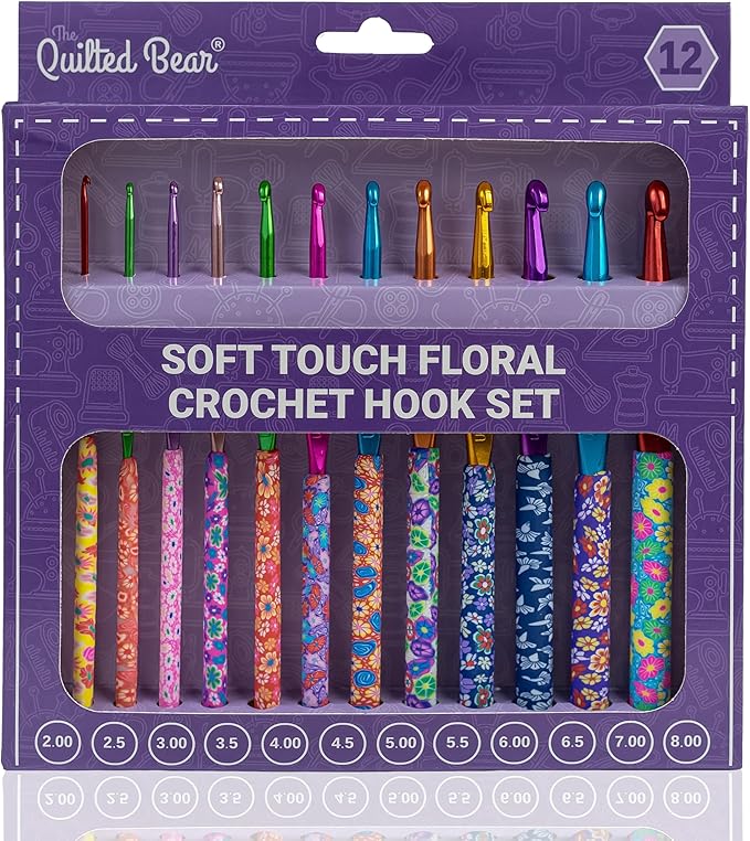The Quilted Bear Floral Crochet Hook Set - 12 Ergonomic Soft Grip Crochet Hooks Set with Light Polymer Clay Handle for Comfortable Crocheting & Knitting (2mm-8mm)