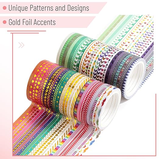 Mr. Pen- Skinny Washi Tape Set, 48 Rolls, Gold Foil Print, 3mm Wide Thin Washi Tape, Gold Foil Washi Tape, Decorative Tape, Washi Tapes, Scrapbook Tape, Scrapbook Washi Tape for Journaling, Craft Tape