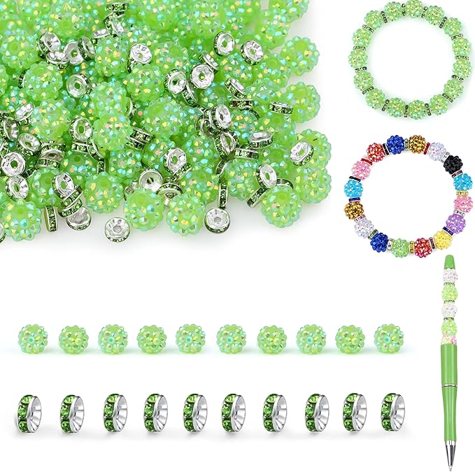 LAIDANLA 250pcs 12mm Green Rhinestone Beads and 8mm Rondelle Spacer Beads for Beadable Pens, Sparkly Shamballa Disco Ball Bead for Jewelry Making Bracelets Necklace Earring DIY Craft