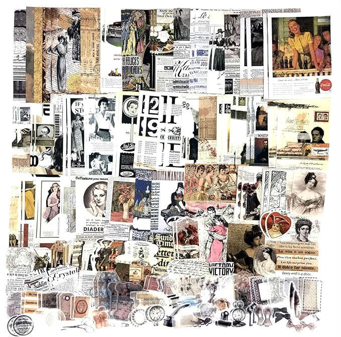 Esweny 200 Pieces Vintage Ephemera Scrapbooking Supplies Pack for Decoupage, Collage Craft, Notebooks, Album, Planners, Paper Scrapbook Stickers Kit (Retro)