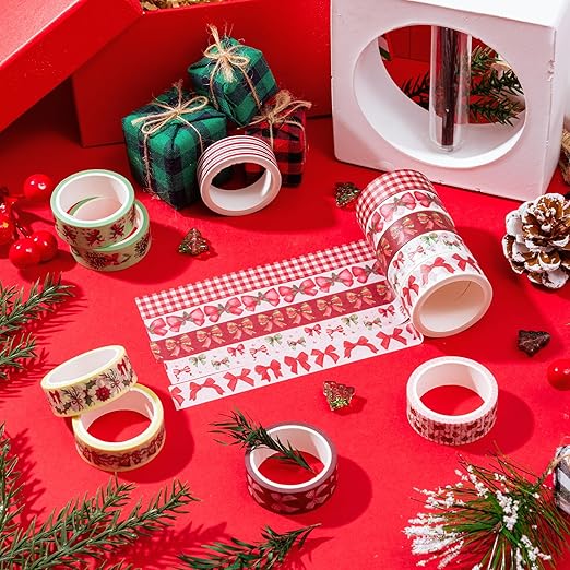 Christmas Bow Washi Tape - 12 Rolls Festive Holiday Designs with Holly Candy Cane Patterns, Easy Tear & Acid Free Adhesive for for Gift Wrapping, Scrapbook, Journal Decor & DIY Projects