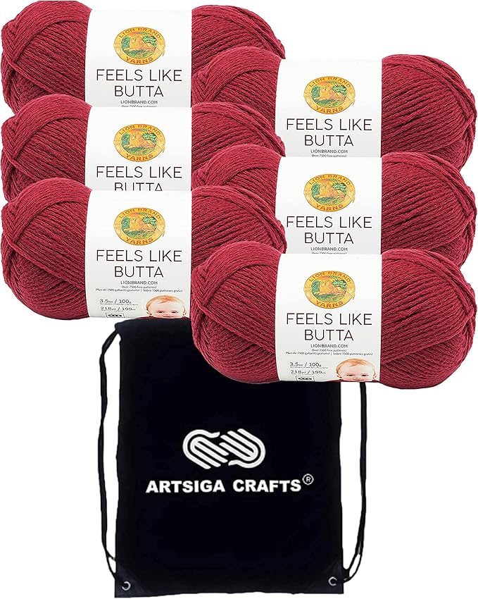 Lion Brand Feels Like Butta Cranberry 215-138 (6-Skeins - Same Dye Lot) Worsted Medium #4 Polyester Yarn for Crocheting and Knitting with Project Bag