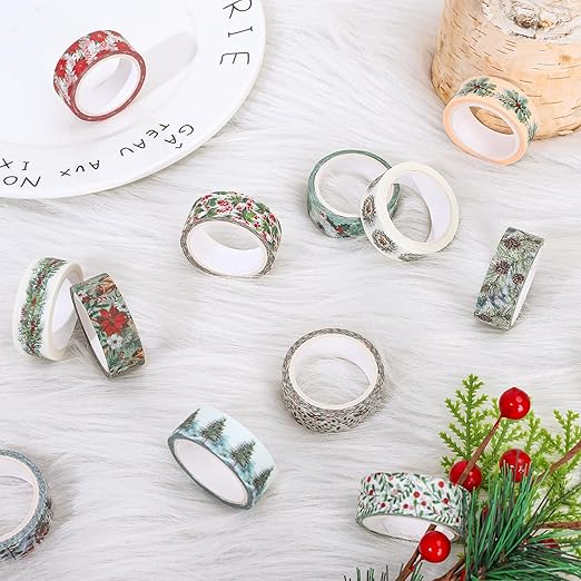 Whaline 12 Rolls Christmas Floral Washi Tape Xmas Watercolor Berry Holly Leaves Pine Cones Elk Bell Plants Masking Tape Winter Holiday Decorative Tape for Scrapbook Journal DIY Craft Gift Wrapping