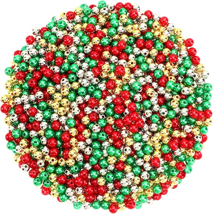 UPINS 1200Pcs Christmas Pearl Beads, Red Green Gold Silver Round 6mm Pearl Beads for Making Christmas Holiday Party Decoration Beads DIY Crafts Supplies