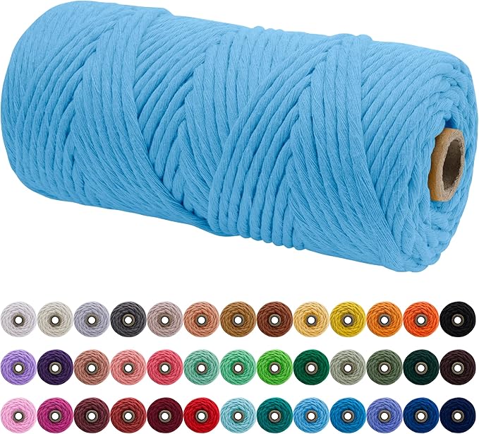 JeogYong Single Strand Macrame Cord 4mm x 109 Yards (328 Feet) Soft Cotton Rope Macrame Yarn 4 mm Macrame Cord, Macrame Supplies for Crafts Wall Hangings Plant Hangers Decorations (Sky Blue)