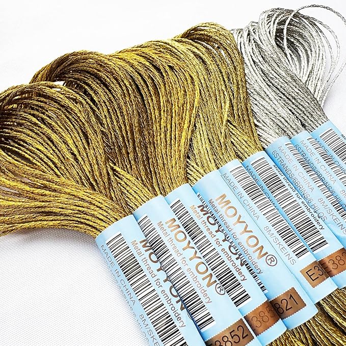 9 Skeins Embroidery Thread, 3 Colors Metallic Embroidery Floss Set, Polyester Cross-Stitch Threads for Hand Embroidery, String Art（Dark Gold，Light Gold,Sliver）