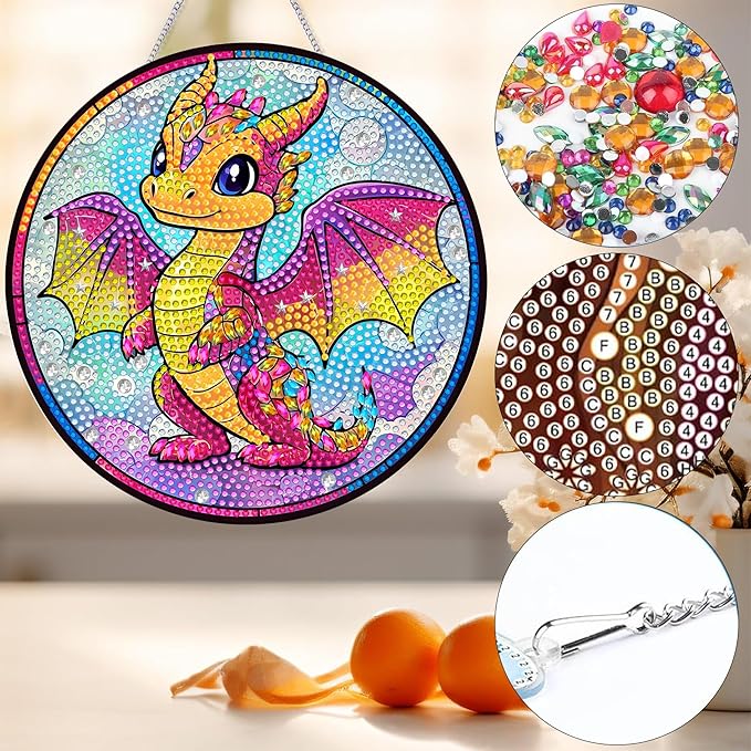 Bimkole Dinosaur Diamond Art Hanging Kit for Adult, DIY 5D Diamond Art Animal Window Pendant, Acrylic Crystal Art Hanging Ornament Home Wall Garden Front Door Sign Outdoor Decor 7.8x7.8 Inch