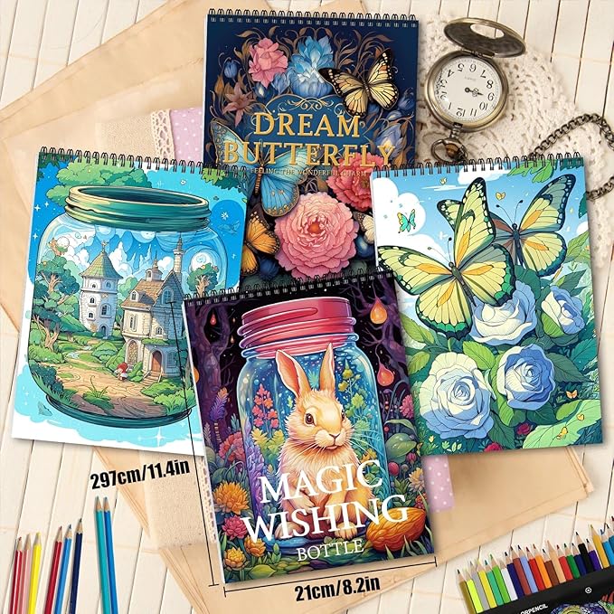 2Pcs Coloring Books for Adults Relaxation Coloring Book for Women Spiral Bound Printed On One Side Fun Magic Coloring Book(Magic Wishing & Dream Butterfly)