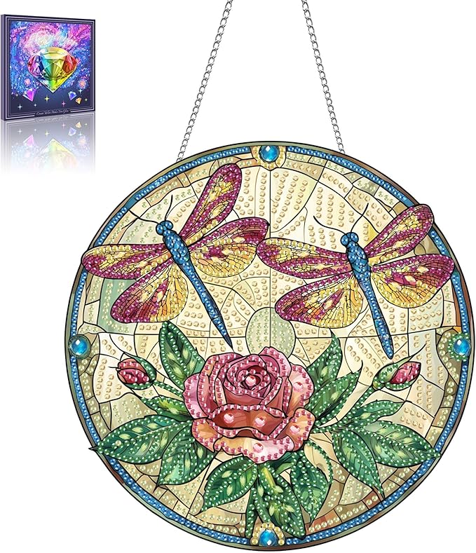 Wergund 5D DIY Dragonfly Diamond Art Hanging Kits, Hanging Diamond Art Rose, Acrylic Special Shaped Rhinestone, Window Hanging Pendants for Home Wall Garden Front Door Outdoor Decor Gift(Dragonfly)