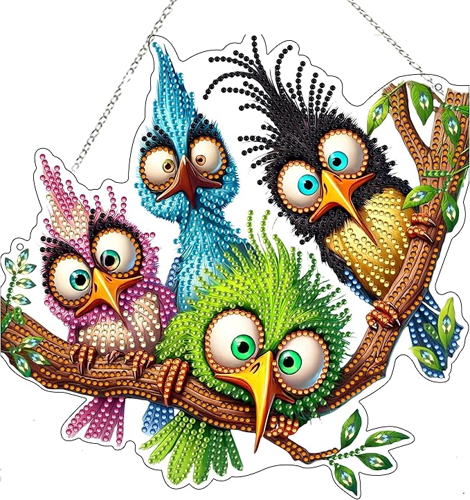 5D Diamond Art Hanging Kit for Adult,Special Shaped Rhinestone,Double Sided DIY Acrylic Diamond Art Painting Window Pendants Home Garden Wall Hanging Kits Hanging Ornament (Four Birds)