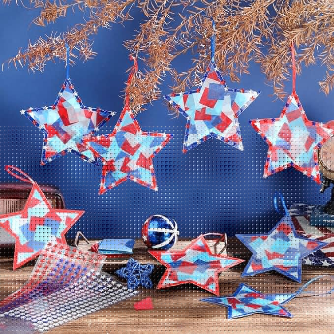 Yaomiao 30 Set Memorial Day Patriotic Suncatchers Paper Crafts Kit DIY Star Shaped Stained Glass Effect Tissue Paper Activities Hanging Decor Gift for Memorial Day