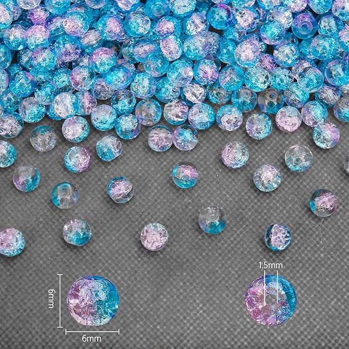 300PCs 6mm Blue Pink Crackle Glass Beads Bulk, Round Smooth Hole Glass Crystal Beads for Jewelry Making, DIY Bracelets, Necklaces, Bag Charms, Keychains and Craft Projects