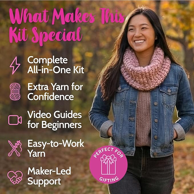 KnitPal Crochet Weekend Wrap Kit for Confident Beginners – All-in-One Crochet Kit with Cotton Blend Yarn, Hook, Pattern & Video Tutorials (Baby Pink)