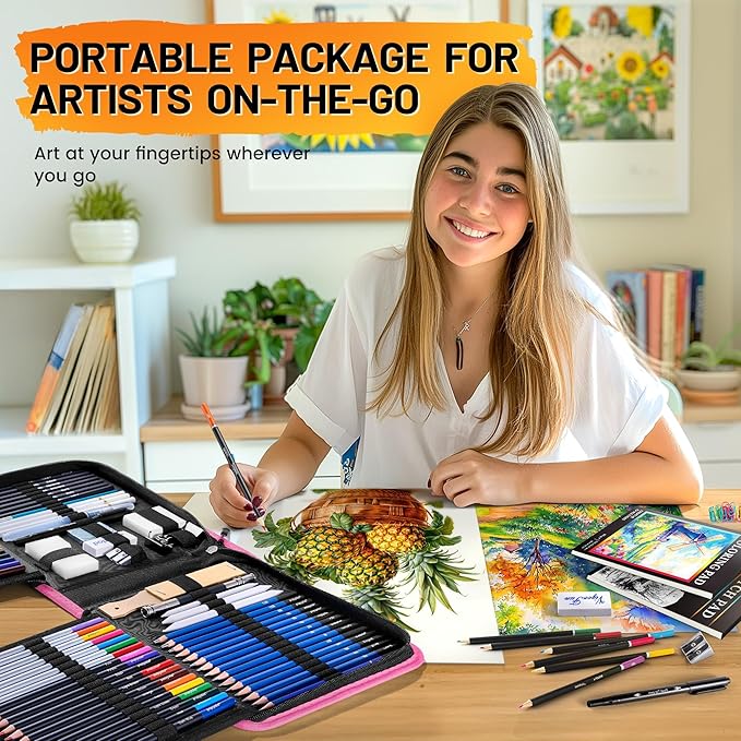 106 PCS Art Supplies Sketching Kit, Pro Drawing Pencils with 3-Color Sketchbook, Coloring Book, Colored Graphite Charcoal Watercolor & Metallic Pencils, Drawing Supplies Gifts for Artists Adults