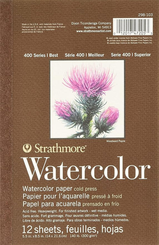 Strathmore 400 Series Tape Bound Watercolor Pad, 140 lb. Cold Press, 5.5 X 8.5 inches, White, 12 Sheets (298-103)