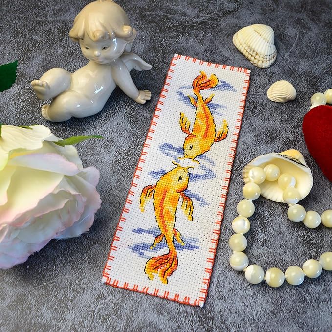 Povitrulya Koi Carp - Counted Cross Stitch Bookmark Kit - Embroidery Set for Adults with Paper Pattern, 16-Count Aida Canvas and Presorted Floss - DIY Christmas, New Year's Gift
