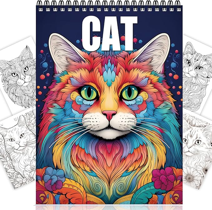 Cat Coloring Book for Adults Spiral Bound, One Sided Design Cat Adult Coloring Book Spiral Bound for Women Anxiety Therapy Thick Paper - 30 Pages for Stress Relief and Relaxation