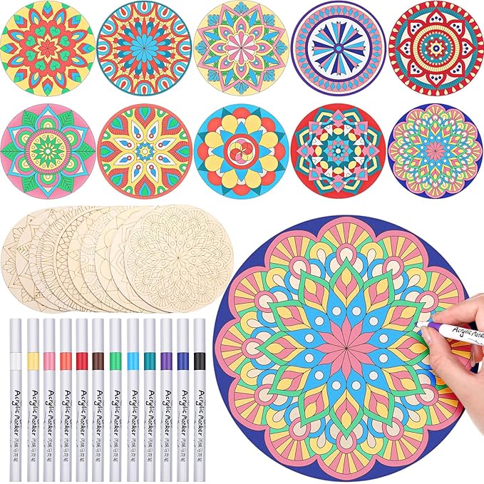22 Pcs Wooden Mandala Painting Set 10 Mandala Unfinished Wood Cutouts with 12 Markers for Crafts Diwali Craft Wood Slices for Adults Painting DIY Tags Wedding Home Decors(Vintage Style)