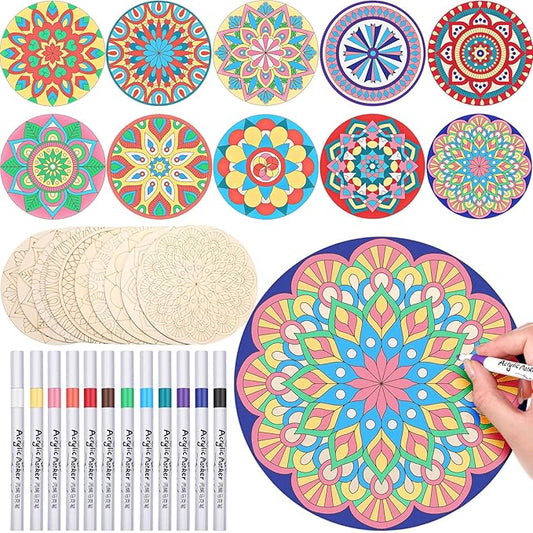 22 Pcs Wooden Mandala Painting Set 10 Mandala Unfinished Wood Cutouts with 12 Markers for Crafts Diwali Craft Wood Slices for Adults Painting DIY Tags Wedding Home Decors(Vintage Style)
