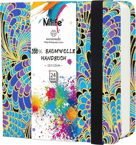 Mlife Square Watercolor Sketchbook,100% Cotton,300gsm/140lb,Acid-Free,Watercolor Journal for Artists Adults Students,4.7 * 4.7 Inches(Blue Feather)