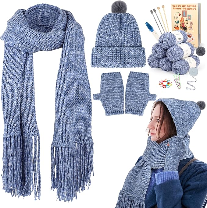 coopay knitting kit for beginners, complete knitting kits learn to knit hat scarf glove, knitting starter kit for adults w/yarn, knitting set w/step-by-step instruction tutorial, 4pcs knitting needles
