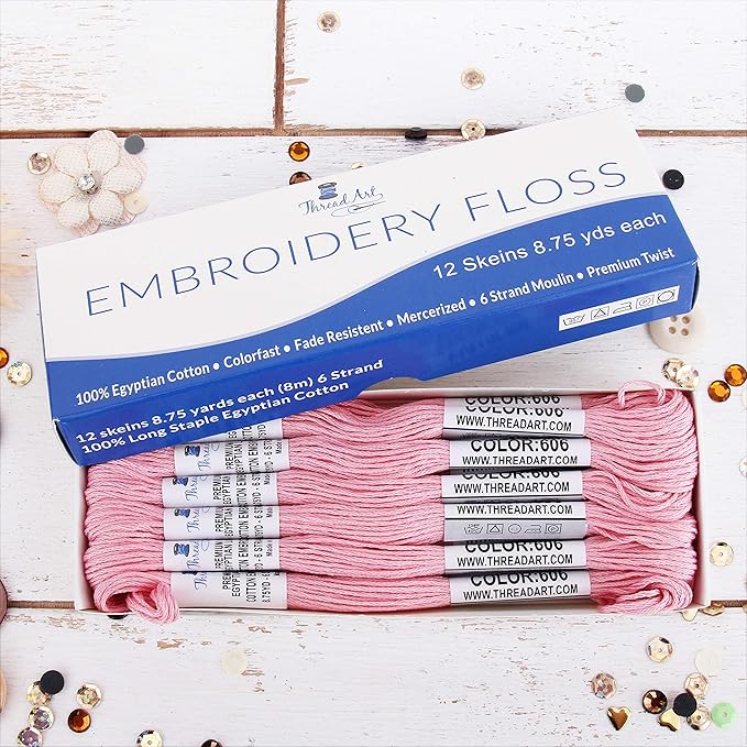 12 Skeins ThreadArt Premium Egyptian Long Fiber Cotton Embroidery Floss | Light Pink | 6 Strand Divisible Thread 8.75yds Each for Hand Embroidery, Friendship Bracelets, Cross Stitch and Crafts