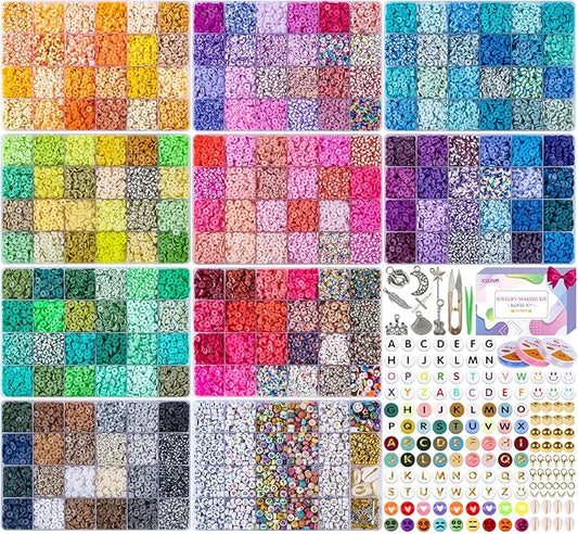 XSEINO 46000Pcs Clay Beads - 216Colors 10Boxes Clay Beads, 5 Styles Letter Beads,with Rich Making Accessories and 3 Rolls Crystal Cord,for Crafts