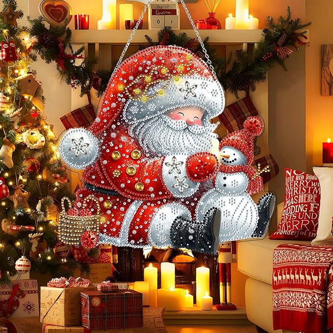 JJFox Diamond Art Hanging Kit for Adult,Special Shaped Rhinestone,DIY Acrylic 5D Diamond Art Painting Window Pendants Home Garden Wall Hanging Kits Hanging Ornament,Double Sided. (Father Christmas)
