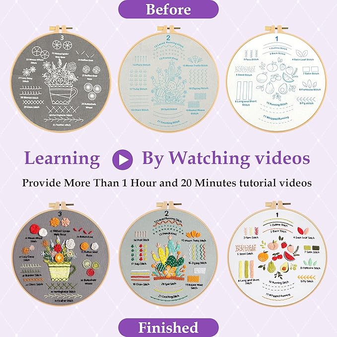Embroidery Kit for Adult Beginners, 3 Pack Embroidery Stitches Practice Kit to Learn 31 Stitches, with Step-by-Step Instructions & Videos, Tools, DIY Needlework Craft Gift for Craft Lovers Women