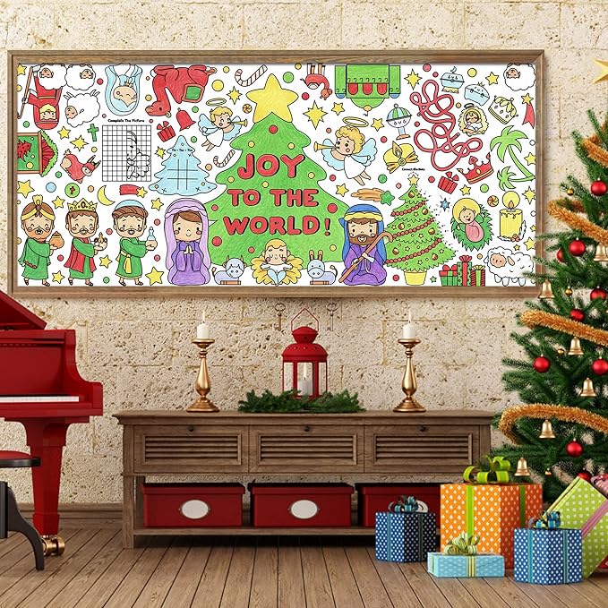 dvbonike jumbo christmas joy to the world coloring poster - nativity xmas tree games color-in paper blank doodle art banner 55.1 x 23.6 inch decor for kids school group activity home party supplies