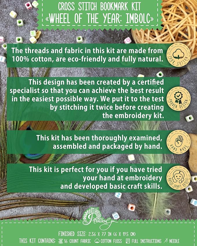 Povitrulya Cross Stitch Bookmark Kit “Imbolc“ – Counted DIY Embroidery Set for Adults & Beginners, Saint Brigid Pagan Irish Gaelic Druid Witchy Spring Craft Gift
